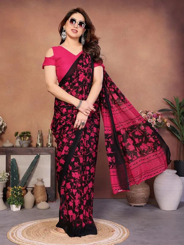 Printed_Georgette_Saree_With_UnStitched_Blouse_Piece_(Pink)