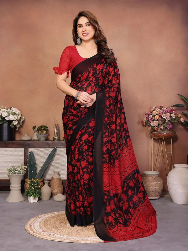 Printed_Georgette_Saree_With_UnStitched_Blouse_Piece_(Red)