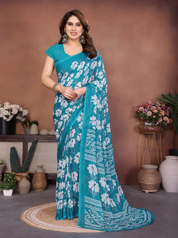Printed_Georgette_Saree_With_UnStitched_Blouse_Piece_(BLUE)
