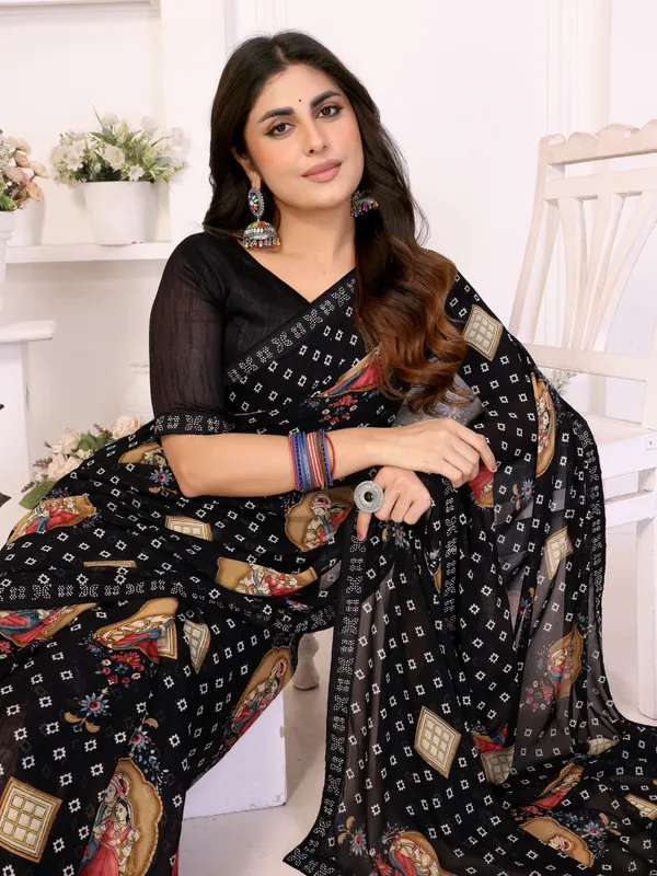 Printed_Lace_Border_Georgette_Saree_With_UnStitched_Blouse_Piece