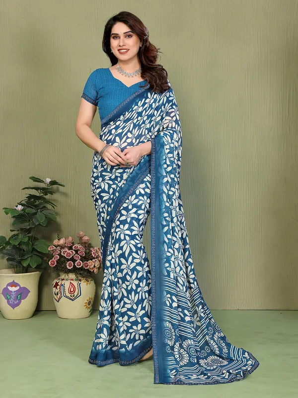 Printed_Lace_Border_Saree_With_UnStitched_Blouse_Piece_(BLUE)