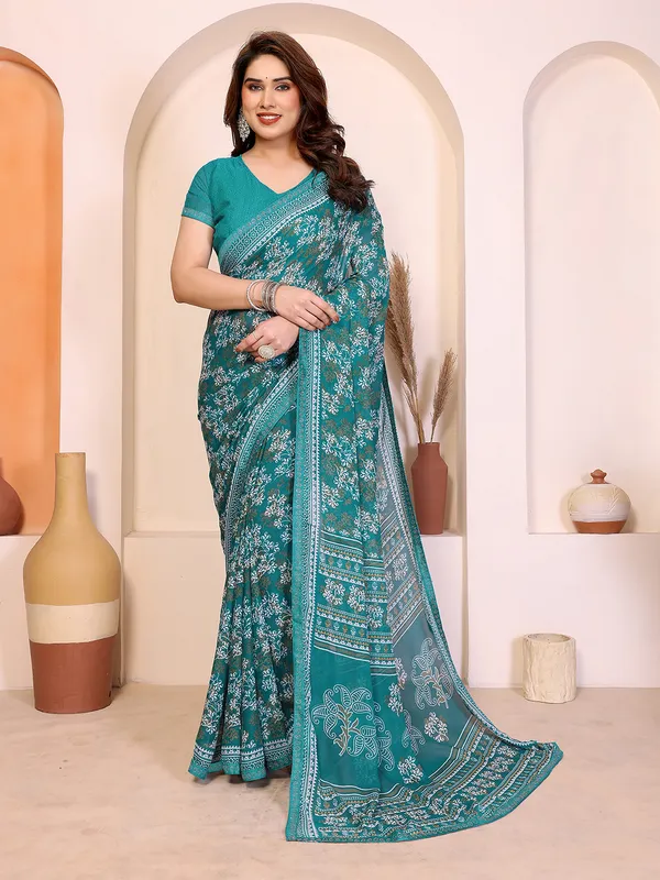 Printed_Lace_Border_Saree_With_UnStitched_Blouse_Piece_(Aqua)