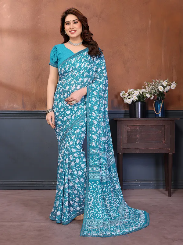Printed_Lace_Border_Saree_With_UnStitched_Blouse_Piece_(Aqua)