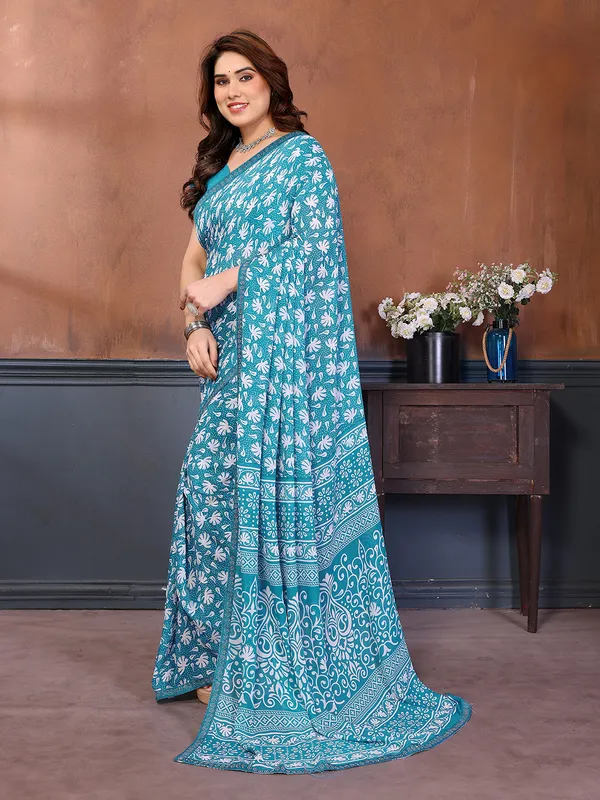 Printed_Lace_Border_Saree_With_UnStitched_Blouse_Piece_(Aqua)