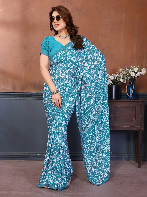 Printed_Lace_Border_Saree_With_UnStitched_Blouse_Piece_(Aqua)