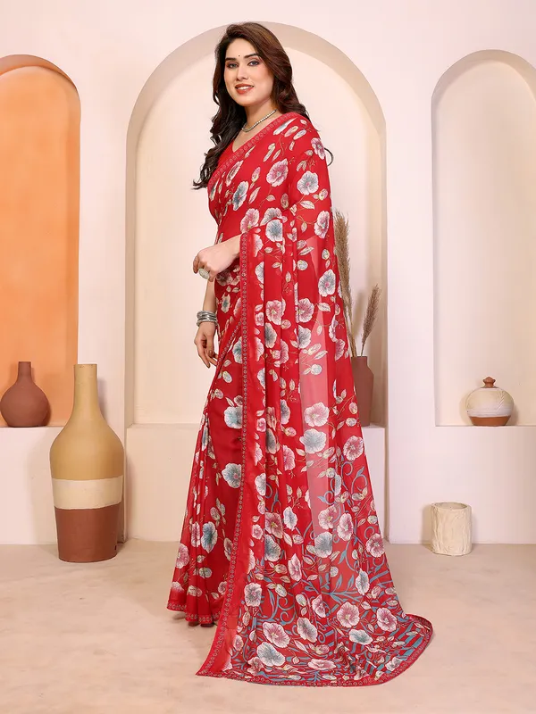 Printed_Lace_Border_Saree_With_UnStitched_Blouse_Piece_(Red)