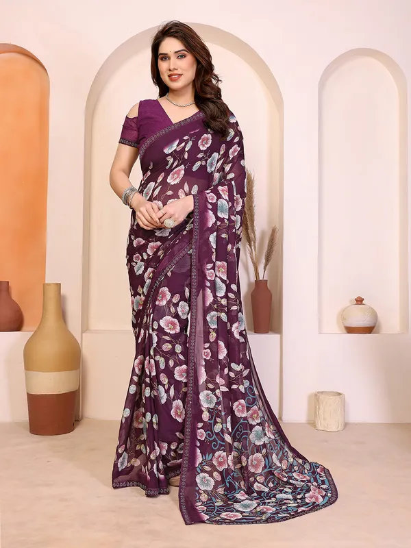 Printed_Lace_Border_Saree_With_UnStitched_Blouse_Piece_(Wine)
