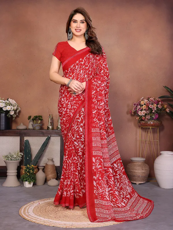 Printed_Lace_Border_Saree_With_UnStitched_Blouse_Piece_(Red)