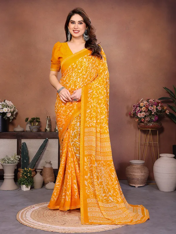 Printed_Lace_Border_Saree_With_UnStitched_Blouse_Piece_(Yellow)