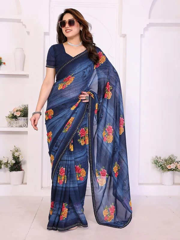 Floral_Print_Lace_Border_Saree_With_UnStitched_Blouse_Piece_(BLUE)