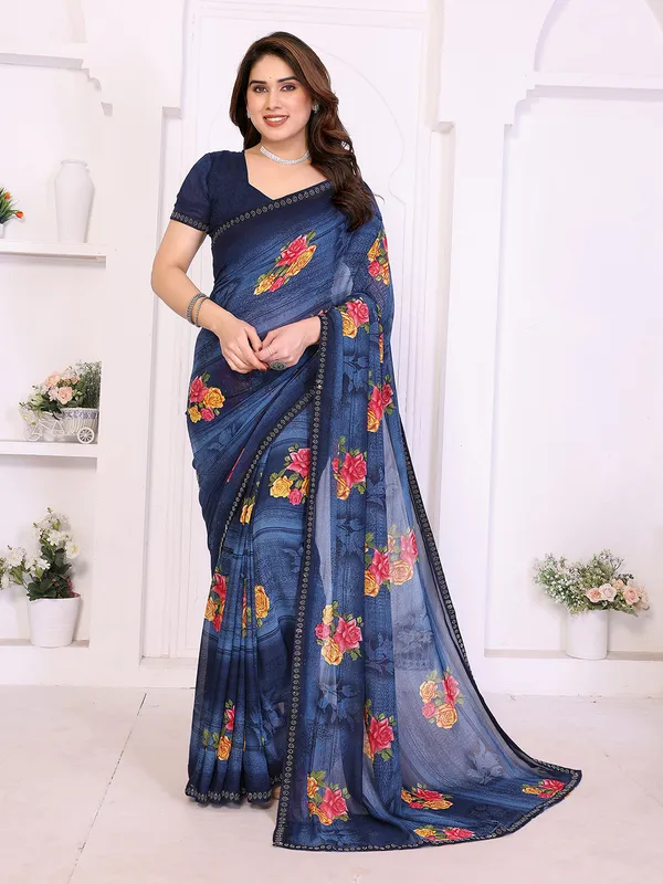 Floral_Print_Lace_Border_Saree_With_UnStitched_Blouse_Piece_(BLUE)