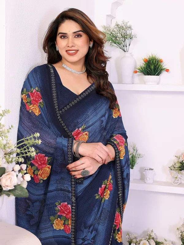 Floral_Print_Lace_Border_Saree_With_UnStitched_Blouse_Piece_(BLUE)