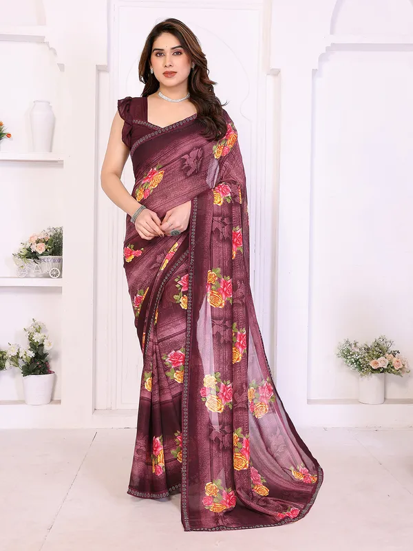 Floral_Print_Lace_Border_Saree_With_UnStitched_Blouse_Piece_(WINE)