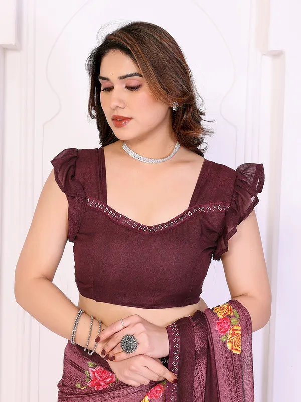 Floral_Print_Lace_Border_Saree_With_UnStitched_Blouse_Piece_(WINE)