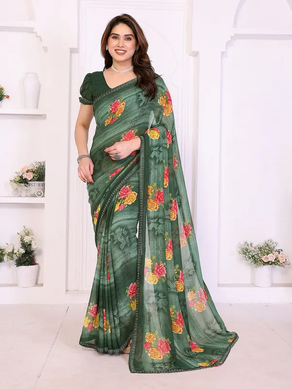 Floral_Print_Lace_Border_Saree_With_UnStitched_Blouse_Piece_(GREEN)