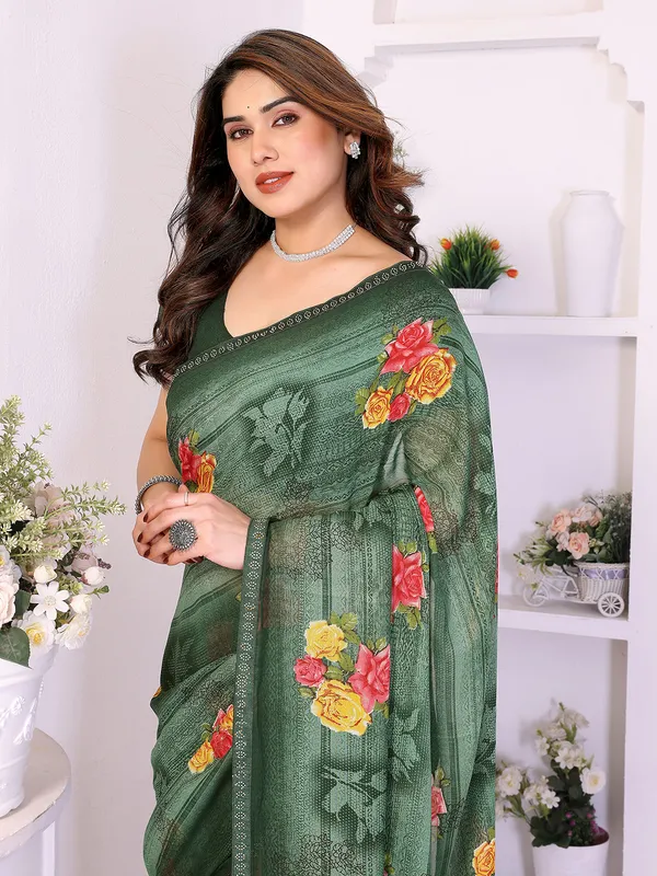 Floral_Print_Lace_Border_Saree_With_UnStitched_Blouse_Piece_(GREEN)