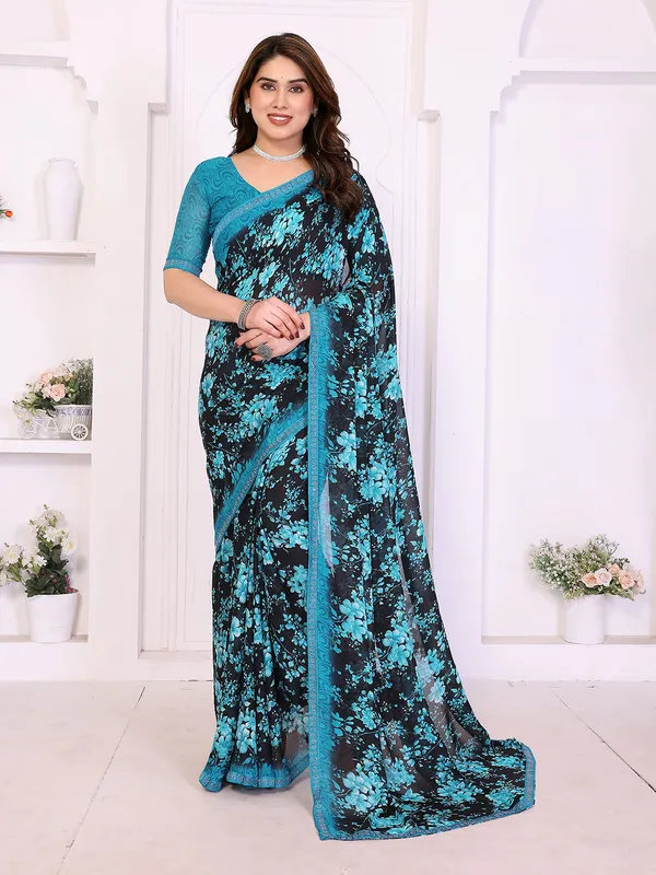 Floral_Print_Lace_Border_Saree_With_UnStitched_Blouse_Piece_(BLUE)
