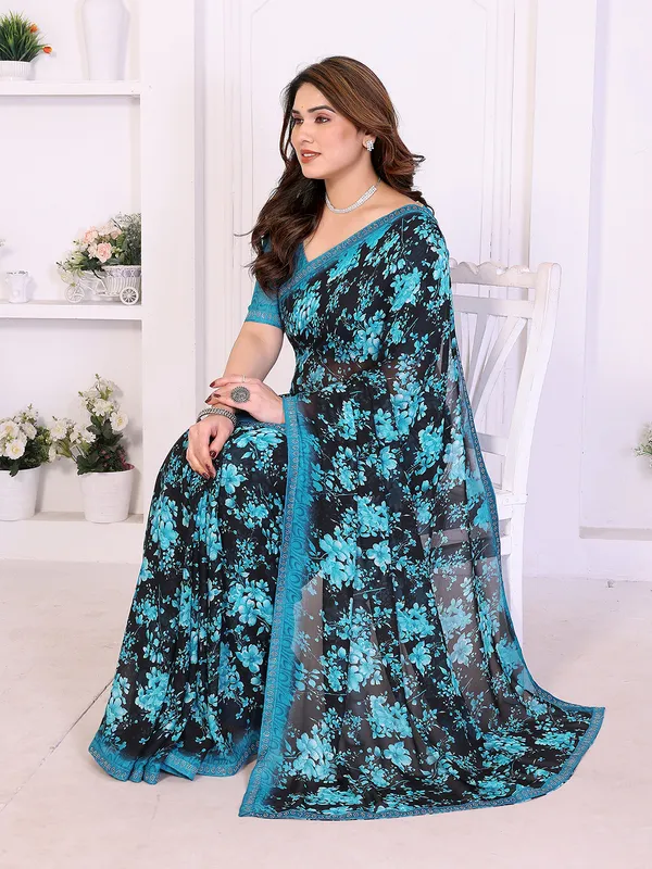 Floral_Print_Lace_Border_Saree_With_UnStitched_Blouse_Piece_(BLUE)