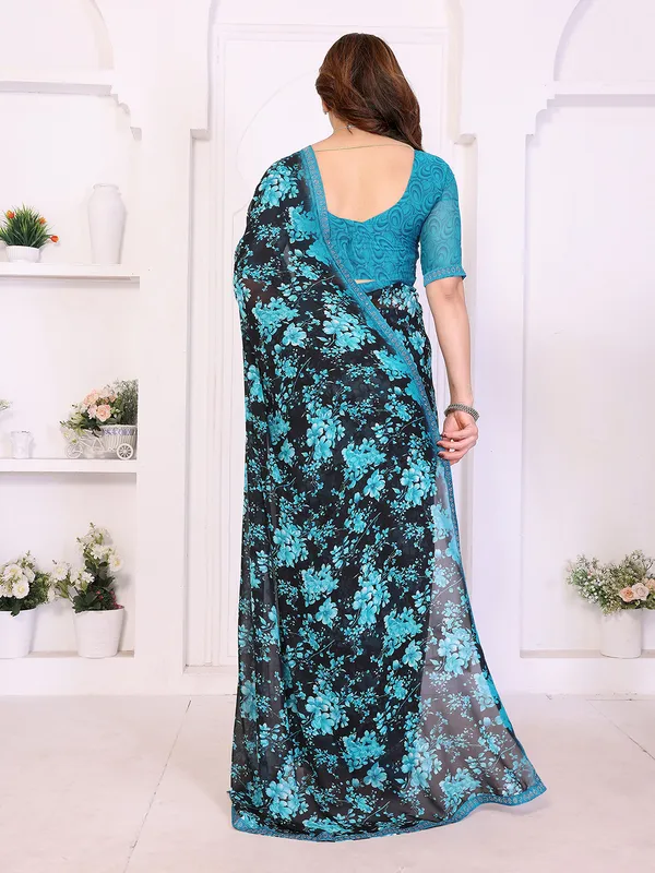 Floral_Print_Lace_Border_Saree_With_UnStitched_Blouse_Piece_(BLUE)
