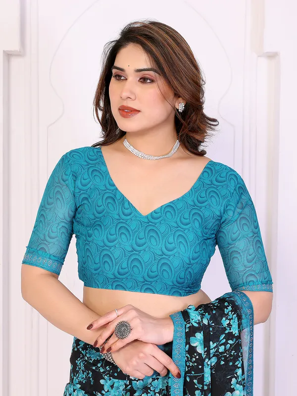 Floral_Print_Lace_Border_Saree_With_UnStitched_Blouse_Piece_(BLUE)