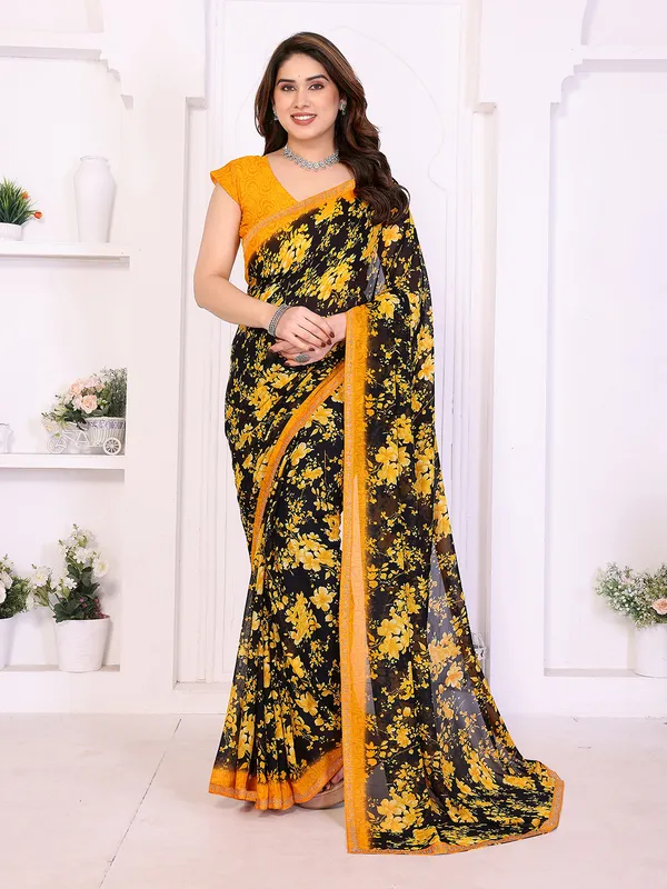 Floral_Print_Lace_Border_Saree_With_UnStitched_Blouse_Piece_(YELLOW)
