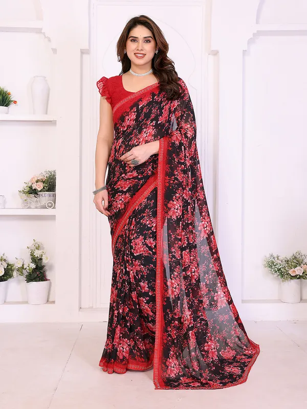 Floral_Print_Lace_Border_Saree_With_UnStitched_Blouse_Piece_(RED)