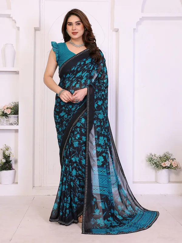 Floral_Print_Lace_Border_Saree_With_UnStitched_Blouse_Piece_(BLUE)