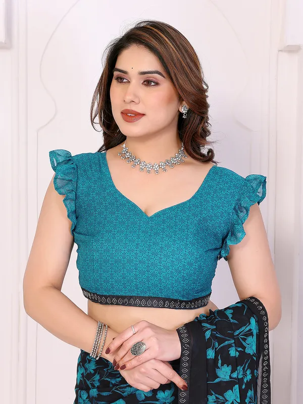 Floral_Print_Lace_Border_Saree_With_UnStitched_Blouse_Piece_(BLUE)