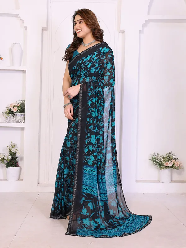 Floral_Print_Lace_Border_Saree_With_UnStitched_Blouse_Piece_(BLUE)