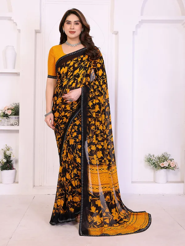 Floral_Print_Lace_Border_Saree_With_UnStitched_Blouse_Piece_(YELLOW)