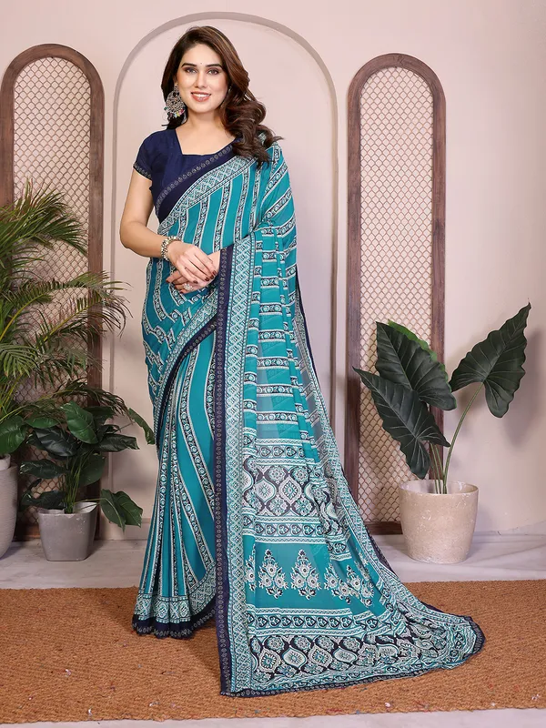 Printed_Lace_Border_Saree_With_UnStitched_Blouse_Piece_(BLUE)