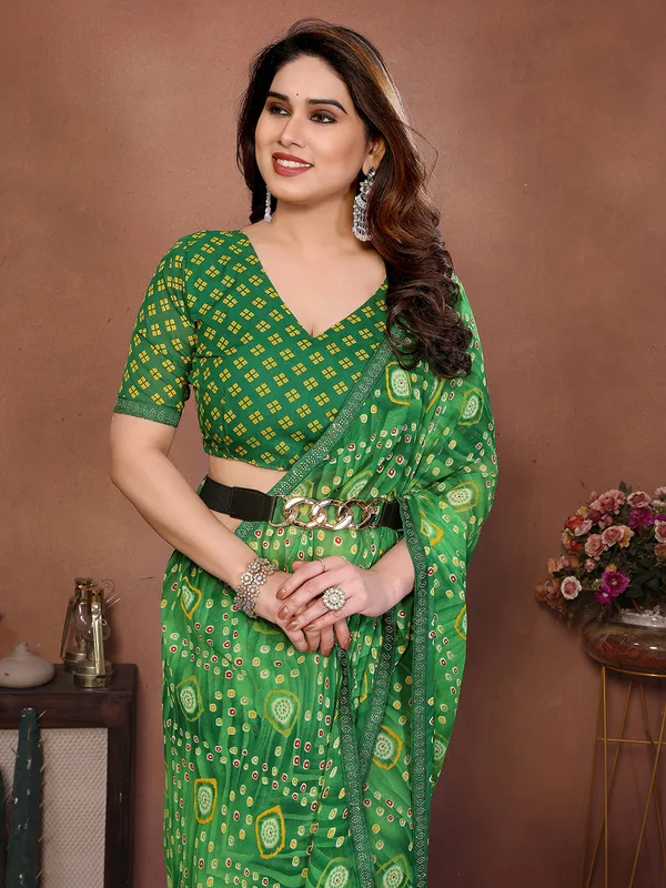 Bandhani_Print_Lace_Border_Saree_With_UnStitched_Blouse_Piece_(GREEN)