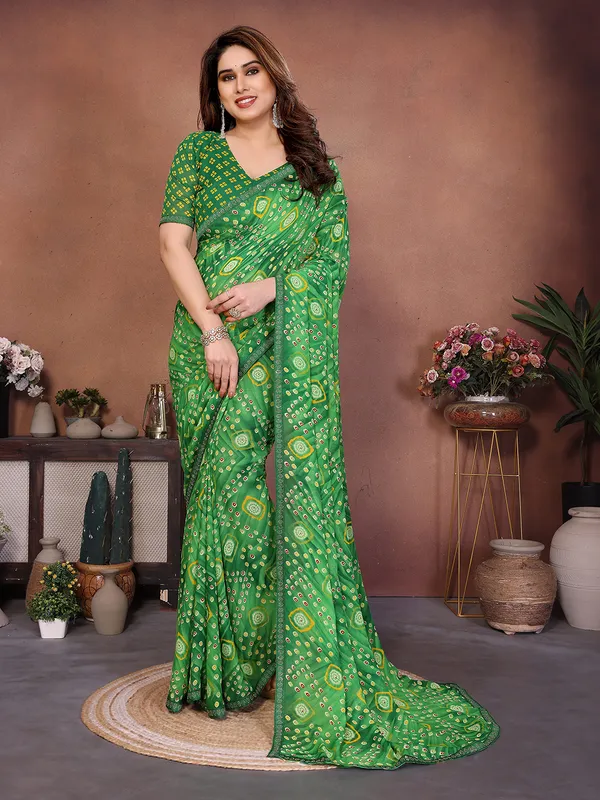 Bandhani_Print_Lace_Border_Saree_With_UnStitched_Blouse_Piece_(GREEN)