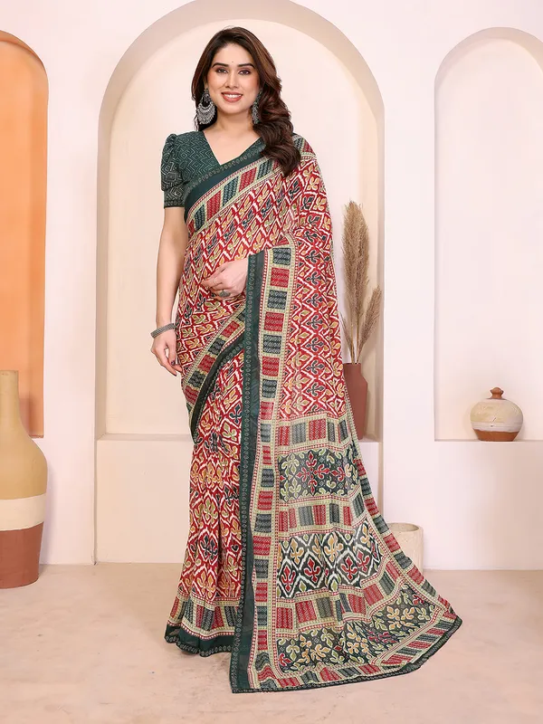 Printed_Lace_Border_Saree_With_UnStitched_Blouse_Piece_(RED)