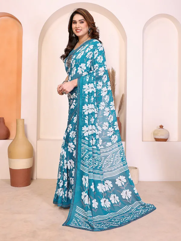 Floral_Print_Lace_Border_Saree_With_UnStitched_Blouse_Piece_(BLUE)