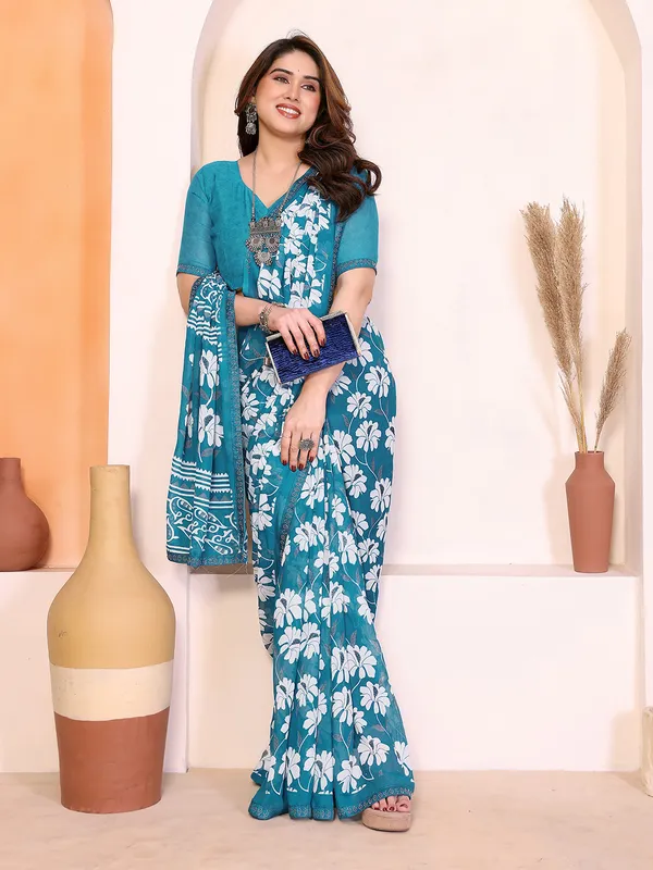 Floral_Print_Lace_Border_Saree_With_UnStitched_Blouse_Piece_(BLUE)
