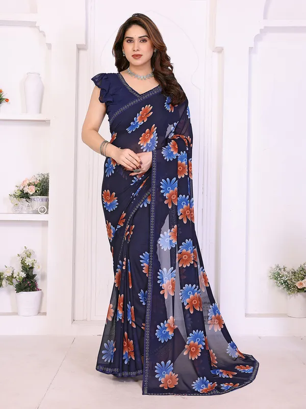 Floral_Print_Lace_Border_Saree_With_UnStitched_Blouse_Piece_(BLUE)