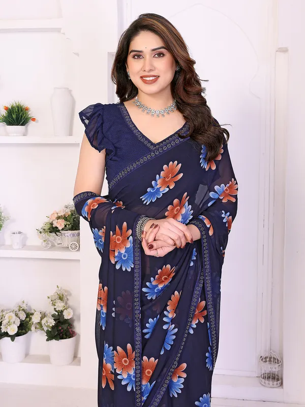 Floral_Print_Lace_Border_Saree_With_UnStitched_Blouse_Piece_(BLUE)