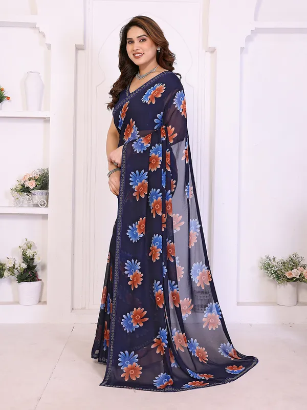 Floral_Print_Lace_Border_Saree_With_UnStitched_Blouse_Piece_(BLUE)