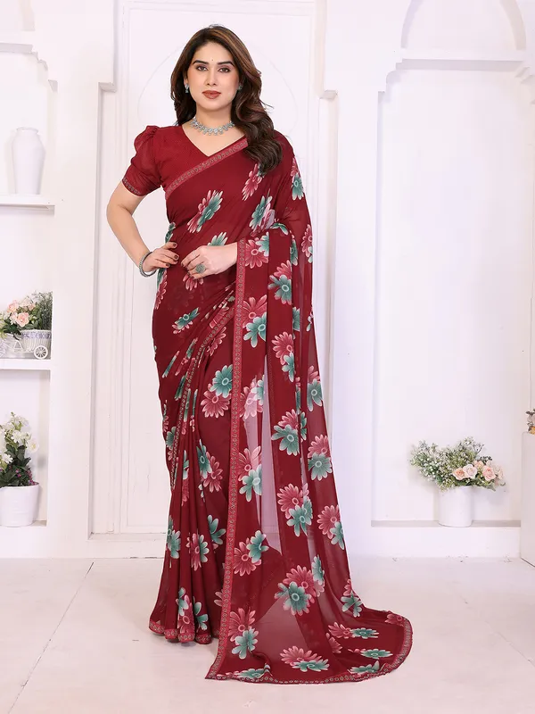 Floral_Print_Lace_Border_Saree_With_UnStitched_Blouse_Piece_(MAROON)