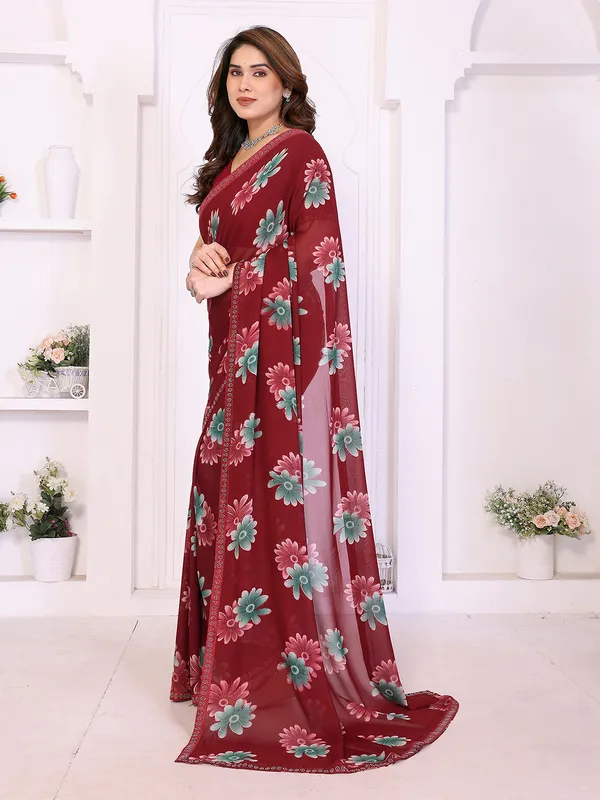 Floral_Print_Lace_Border_Saree_With_UnStitched_Blouse_Piece_(MAROON)