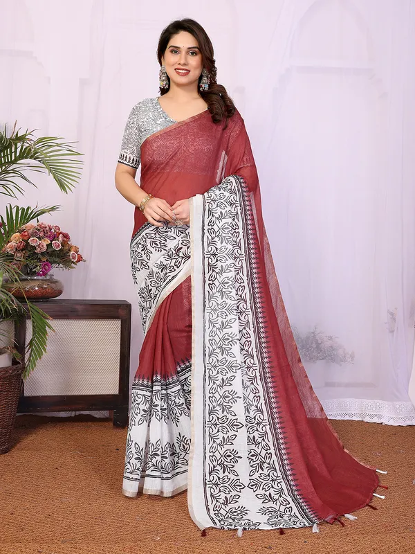Digital_Print_Cotton_Linen_Saree_With_Unstitched_Blouse_Piece_(RED)