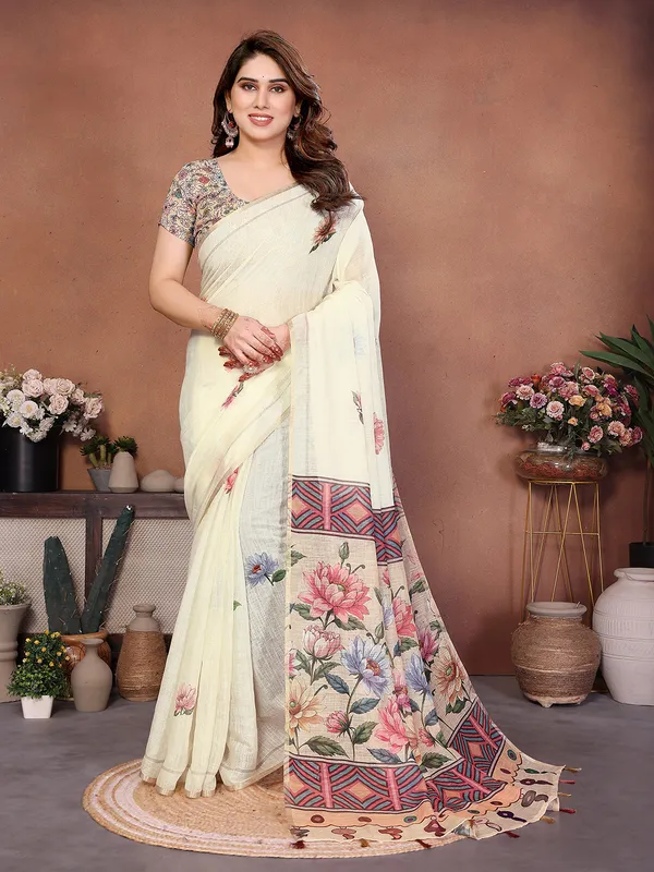 Digital_Print_Cotton_Linen_Saree_With_Unstitched_Blouse_Piece_(CREAM)