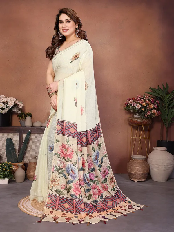 Digital_Print_Cotton_Linen_Saree_With_Unstitched_Blouse_Piece_(CREAM)