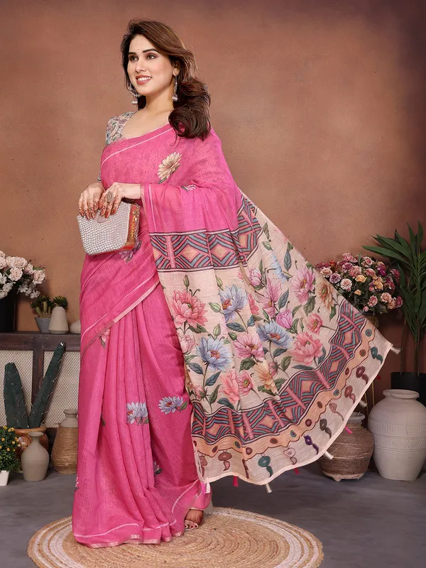Digital_Print_Cotton_Linen_Saree_With_Unstitched_Blouse_Piece_(PINK)