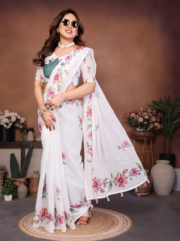 Digital_Print_Cotton_Linen_Saree_With_Unstitched_Blouse_Piece_(WHITE)
