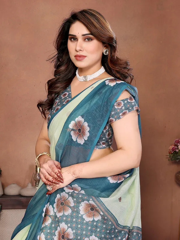 Digital_Print_Cotton_Linen_Saree_With_Unstitched_Blouse_Piece_(GREEN)