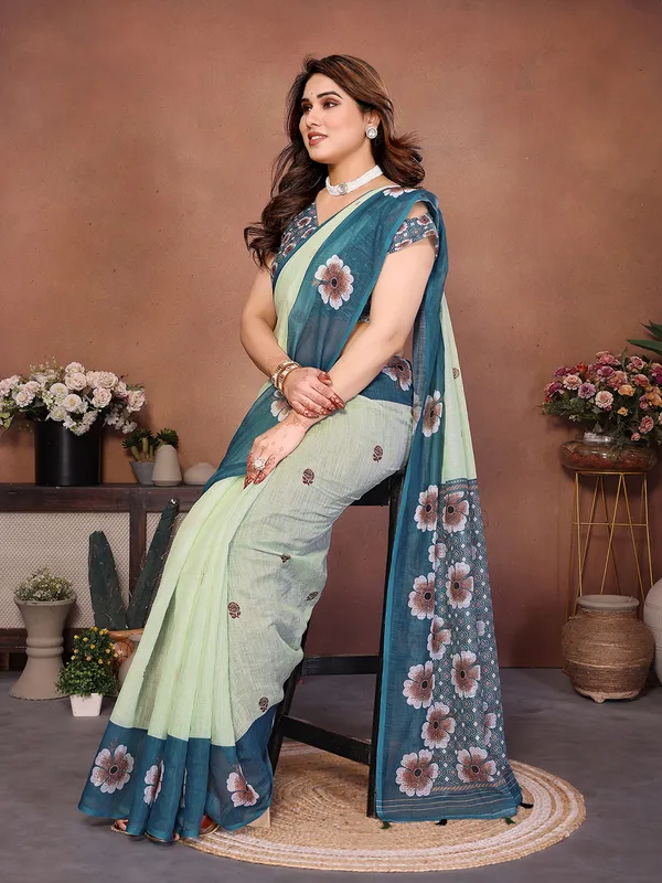 Digital_Print_Cotton_Linen_Saree_With_Unstitched_Blouse_Piece_(GREEN)