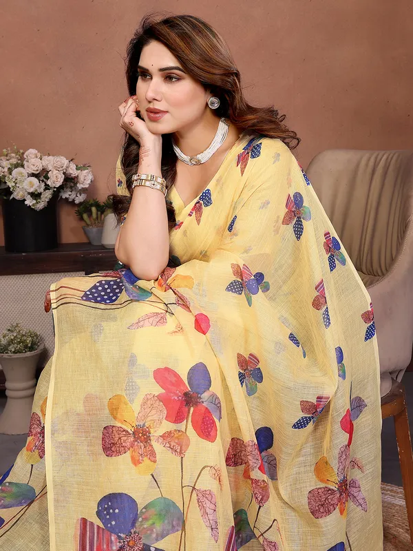 Digital_Print_Cotton_Linen_Saree_With_Unstitched_Blouse_Piece_(YELLOW)