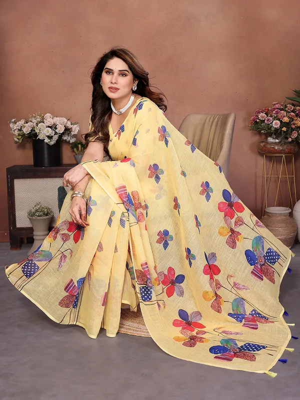 Digital_Print_Cotton_Linen_Saree_With_Unstitched_Blouse_Piece_(YELLOW)